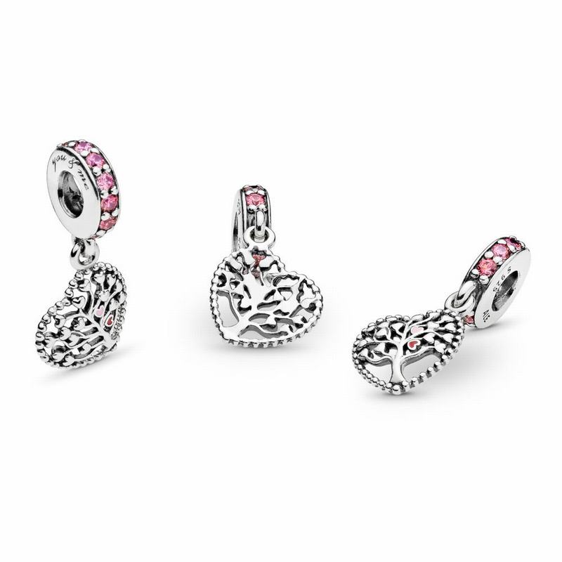 Pandora Pink Family Tree Dangle Charm - Sterling Silver/Enamel/Pink/Cubic Zirconia - Canada | BW1340